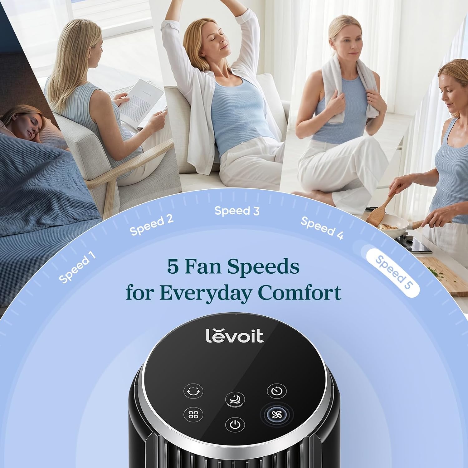 Ventilateur tour LEVOIT silencieux (28 dB), 5 vitesses, 4 modes, oscillation 90°, minuterie 12h, télécommande, 91 cm, blanc –