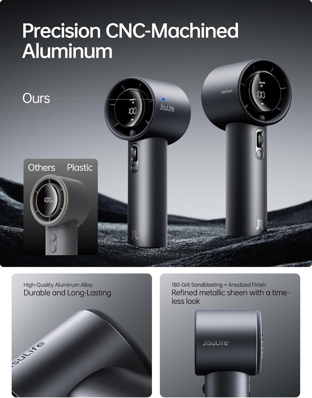 Ventilateur de poche JISULIFE Pro1S — corps en métal, autonomie 40h, batterie 5000 mAh, 100 vitesses réglables, gris – image 