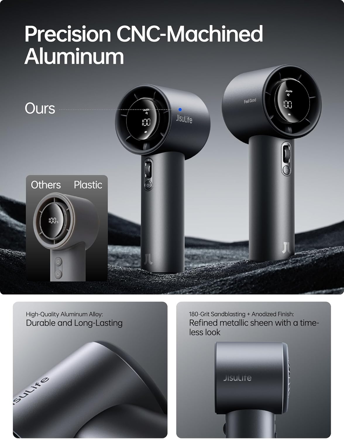 Ventilateur de poche JISULIFE Pro1S — corps en métal, autonomie 40h, batterie 5000 mAh, 100 vitesses réglables, gris – image 