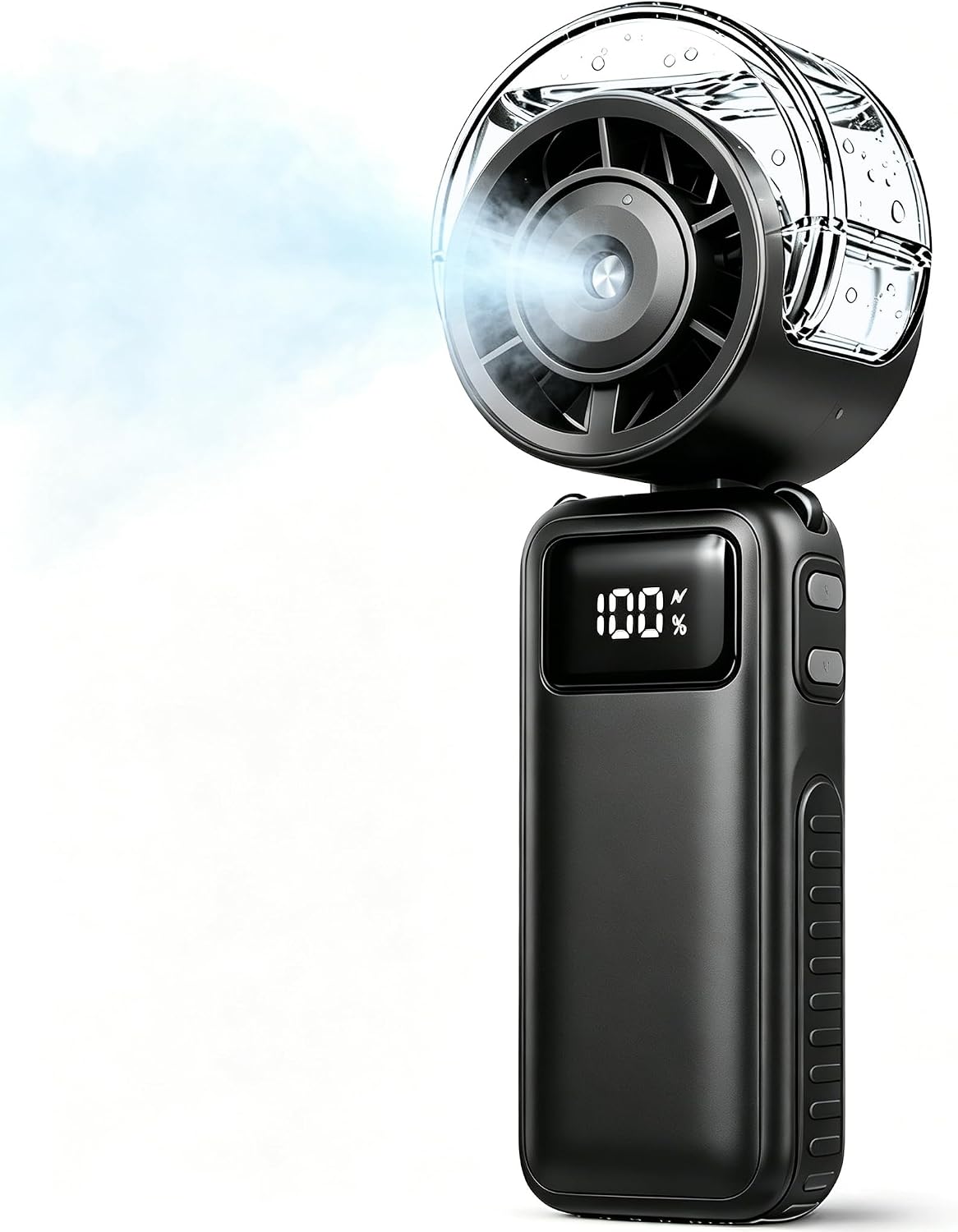 Ventilateur brumisateur de poche pliable, batterie 6000 mAh, 5 vitesses + Turbo, spray rafraîchissant, noir