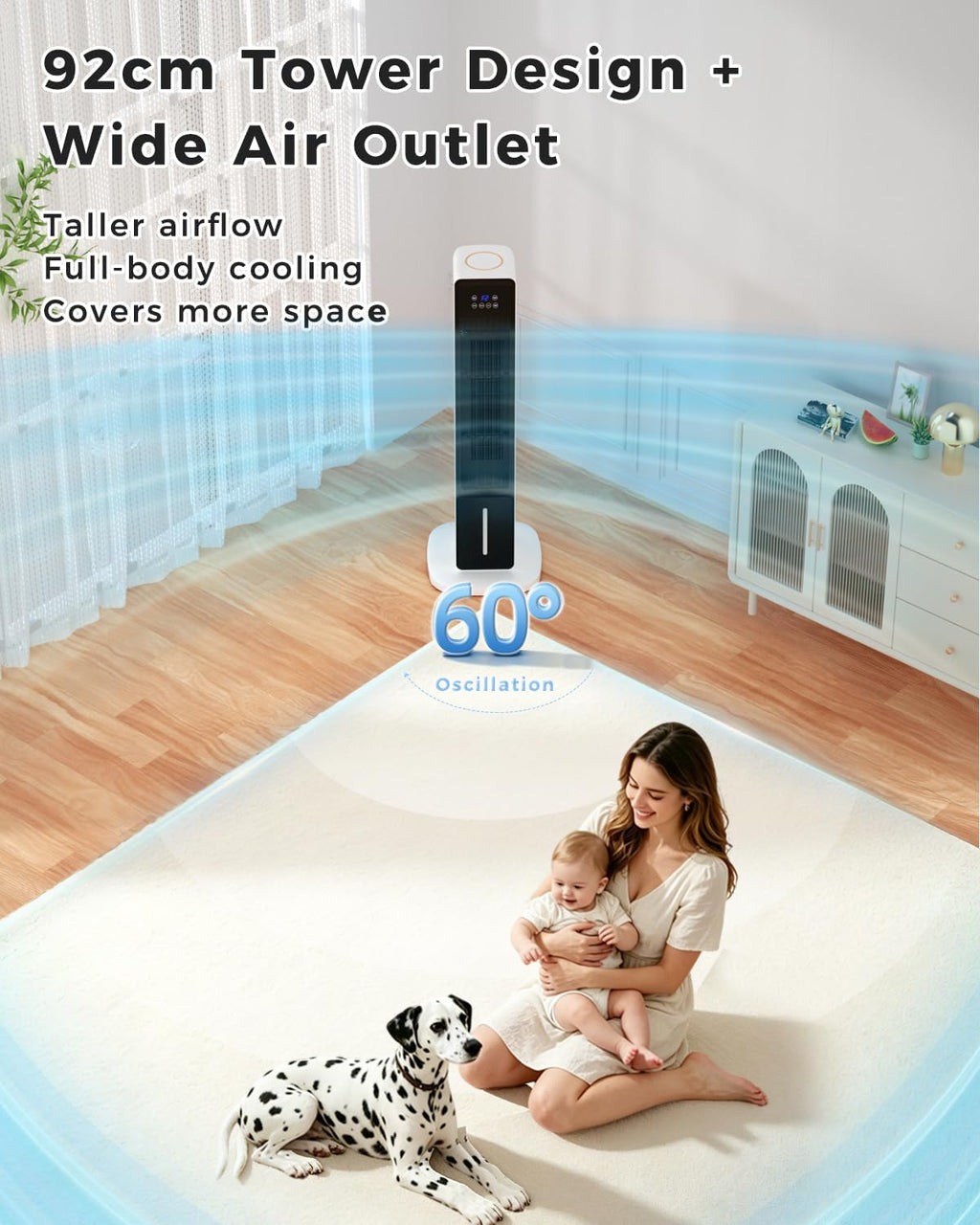Rafraîchisseur d'air évaporatif 3-en-1, 4 modes, 3 vitesses, minuterie 24h, télécommande, oscillation 60°, 36 pouces (91 cm) 