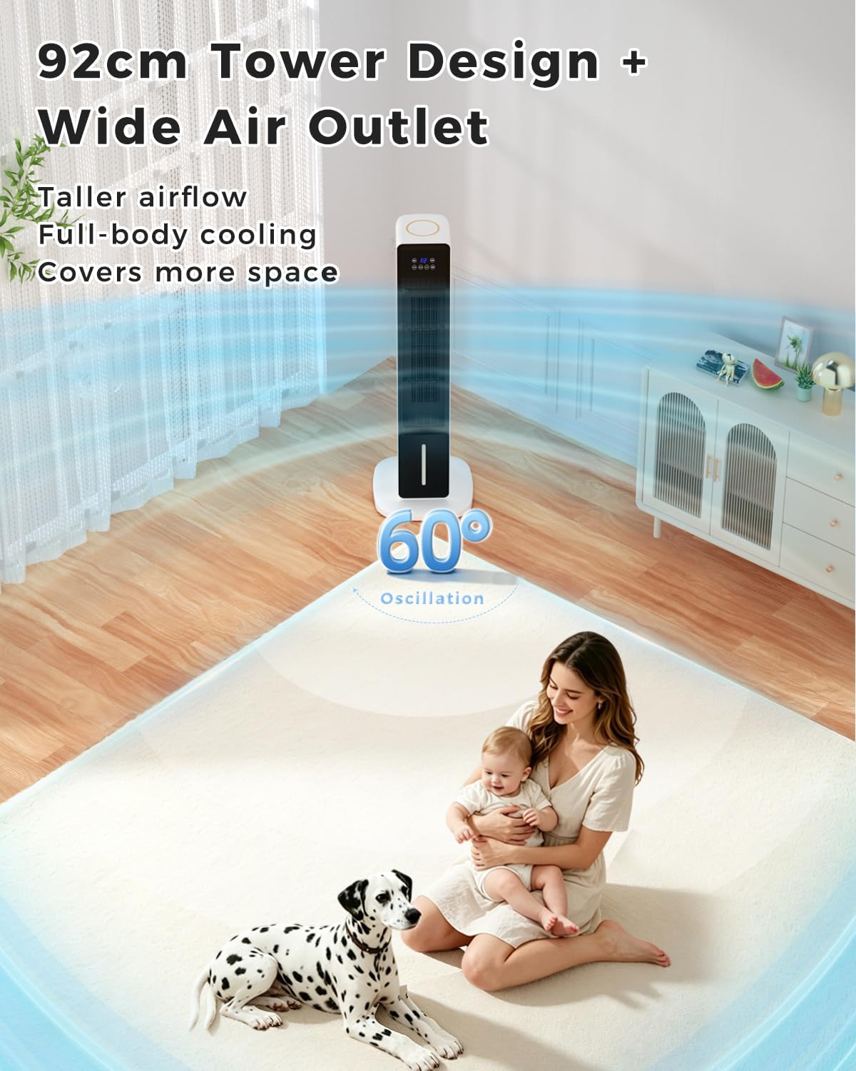 Rafraîchisseur d'air évaporatif 3-en-1, 4 modes, 3 vitesses, minuterie 24h, télécommande, oscillation 60°, 36 pouces (91 cm) 