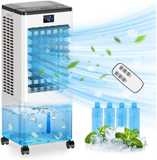 Climatiseur portable, refroidisseur d'air évaporatif 8L, minuterie 12h, 4 modes, 3 vitesses, oscillation 120°
