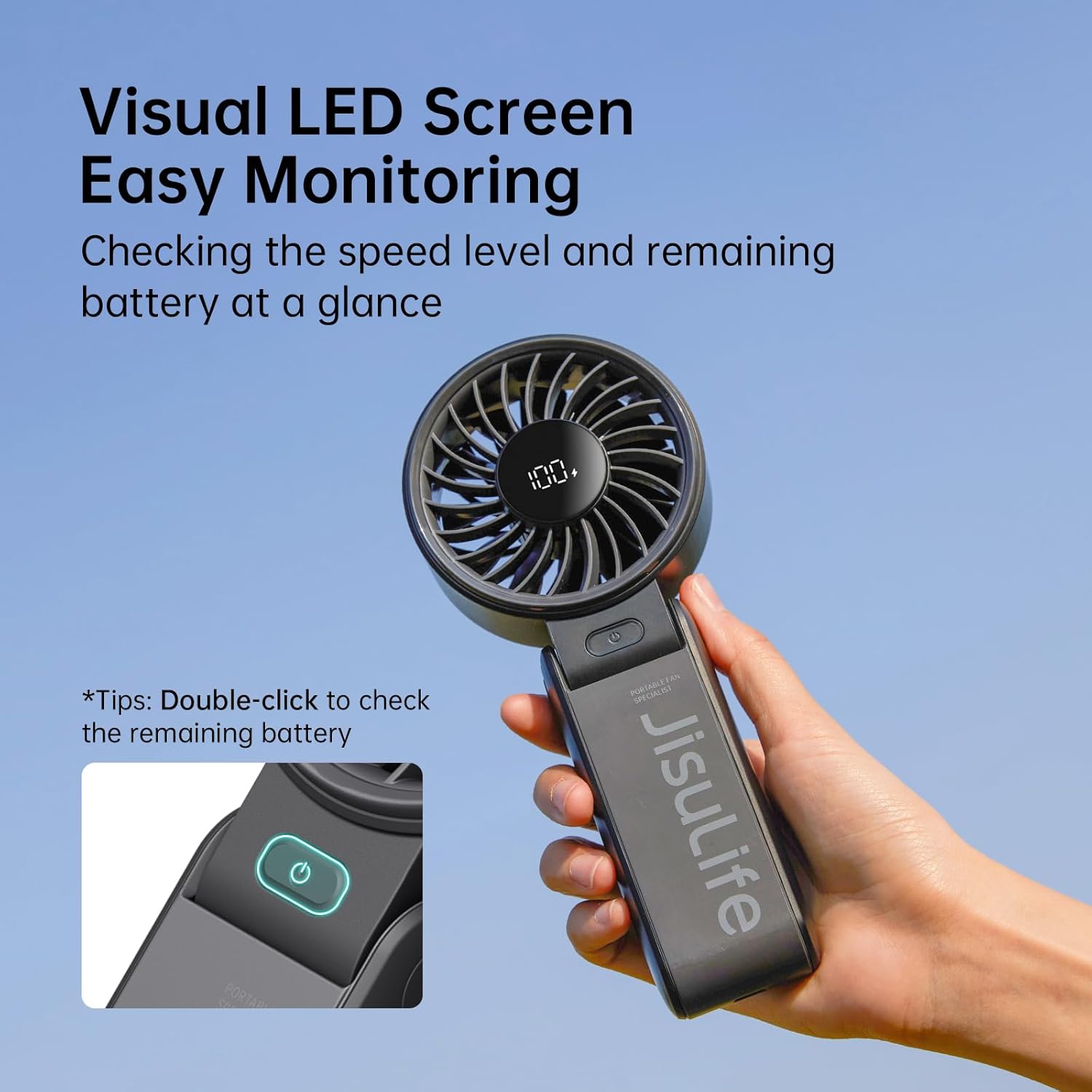 Ventilateur de poche JISULIFE Life7 3-en-1 — batterie 5000 mAh, autonomie 19,5h, 5 vitesses, écran LED, noir – image 2