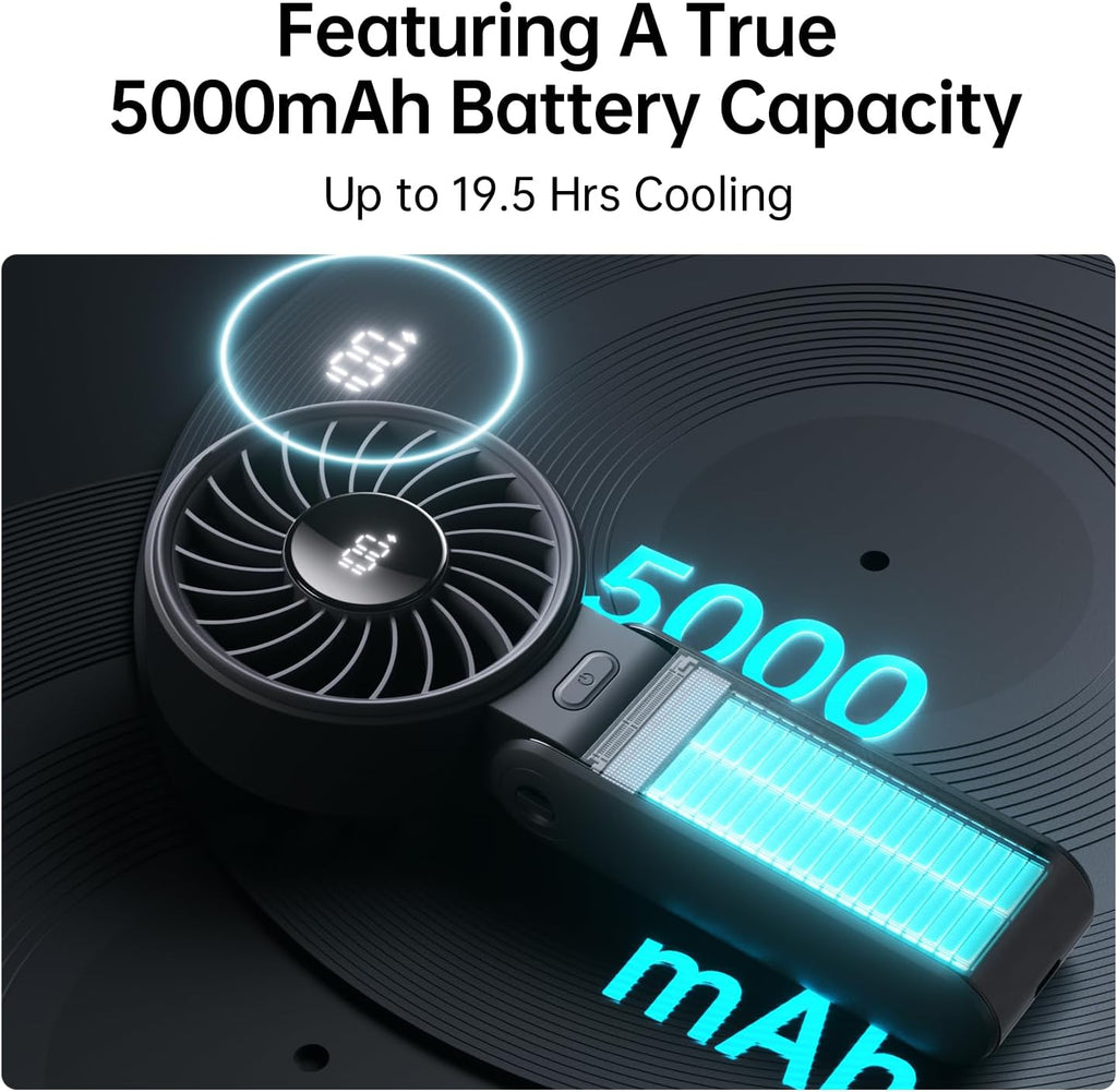 Ventilateur de poche JISULIFE Life7 3-en-1 — batterie 5000 mAh, autonomie 19,5h, 5 vitesses, écran LED, noir – image 3