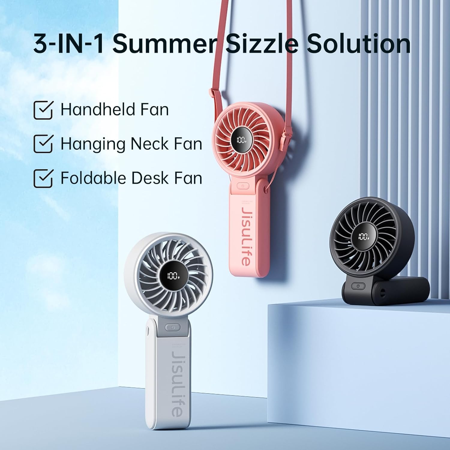 Ventilateur de poche JISULIFE Life7 3-en-1 — batterie 5000 mAh, autonomie 19,5h, 5 vitesses, écran LED, noir – image 4