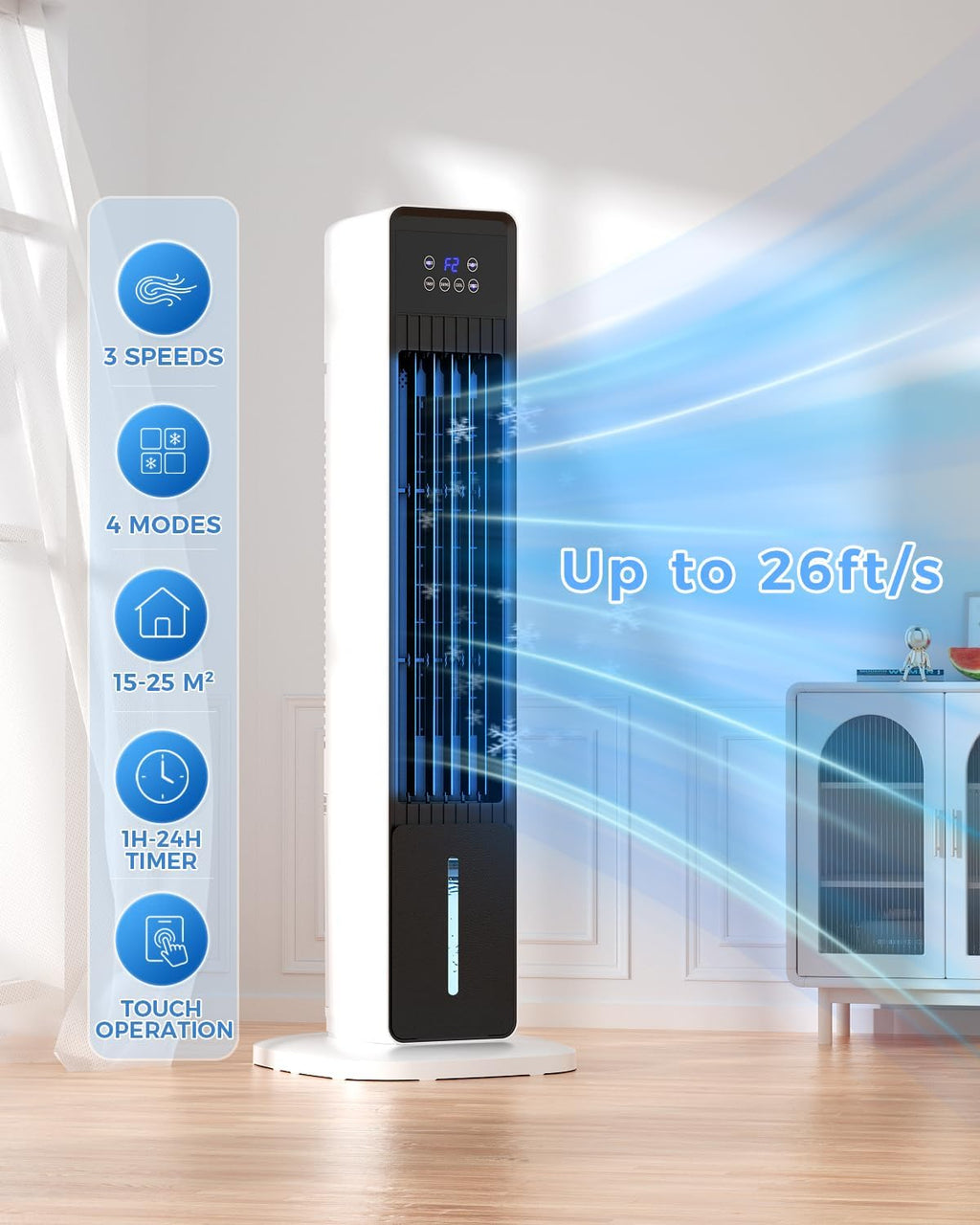 Rafraîchisseur d'air évaporatif 3-en-1, 4 modes, 3 vitesses, minuterie 24h, télécommande, oscillation 60°, 36 pouces (91 cm) 