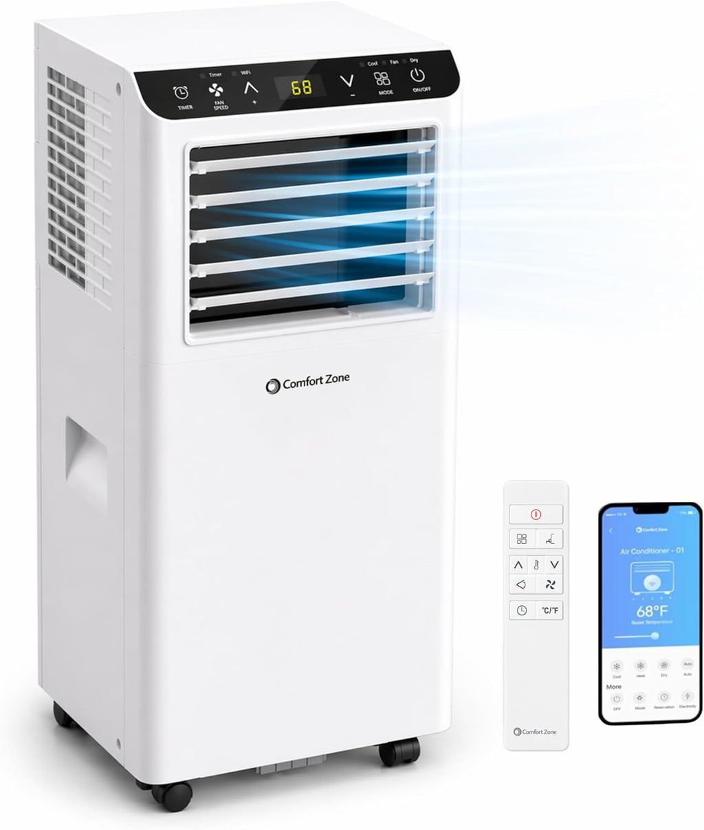 Climatiseur portable connecté 3-en-1 Comfort Zone 8000 BTU, WiFi, télécommande et minuterie 24h