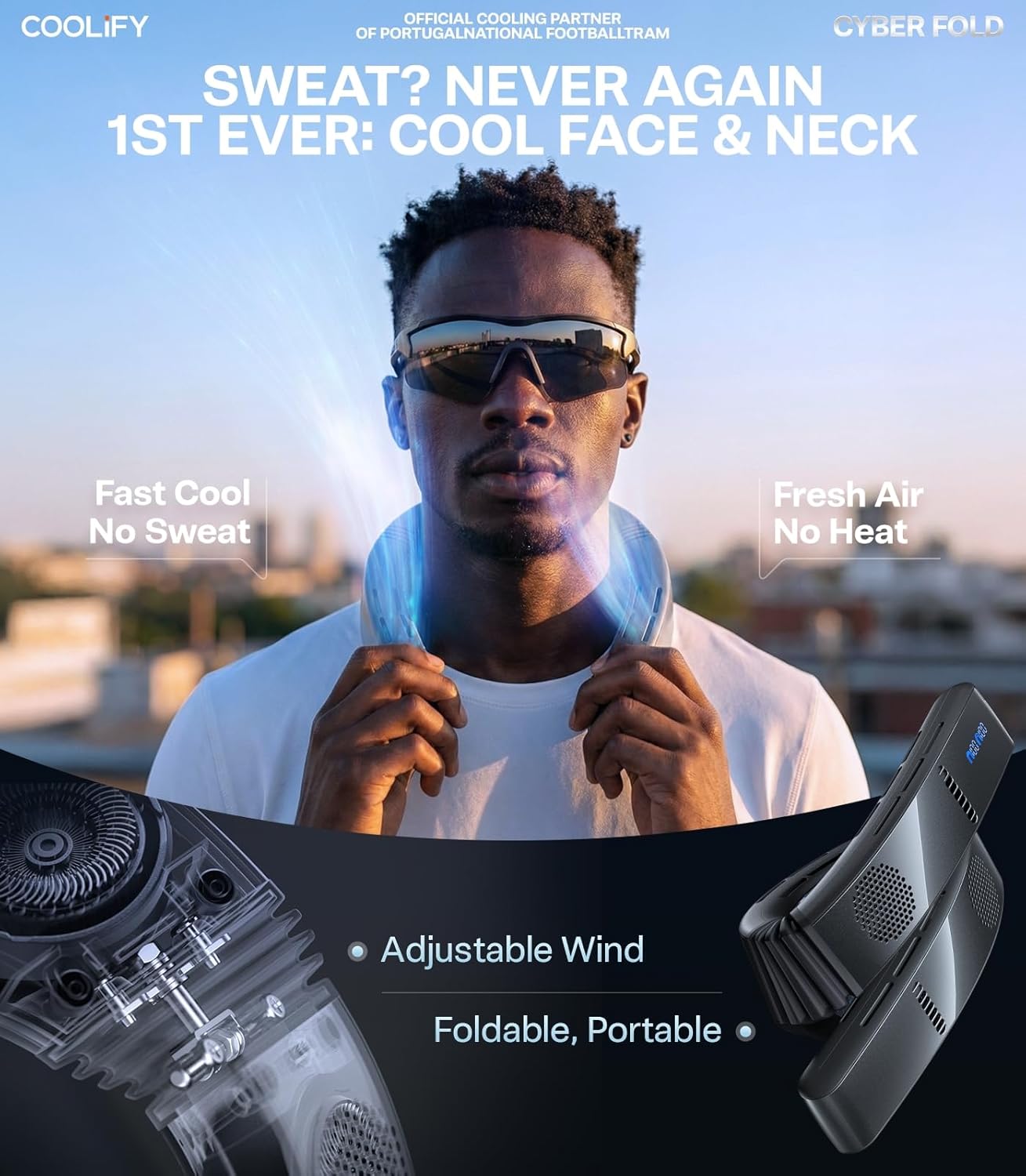 Climatiseur de cou TORRAS COOLiFY Cyber Fold — refroidissement cou et visage, ventilation réglable, pliable, rechargeable, no