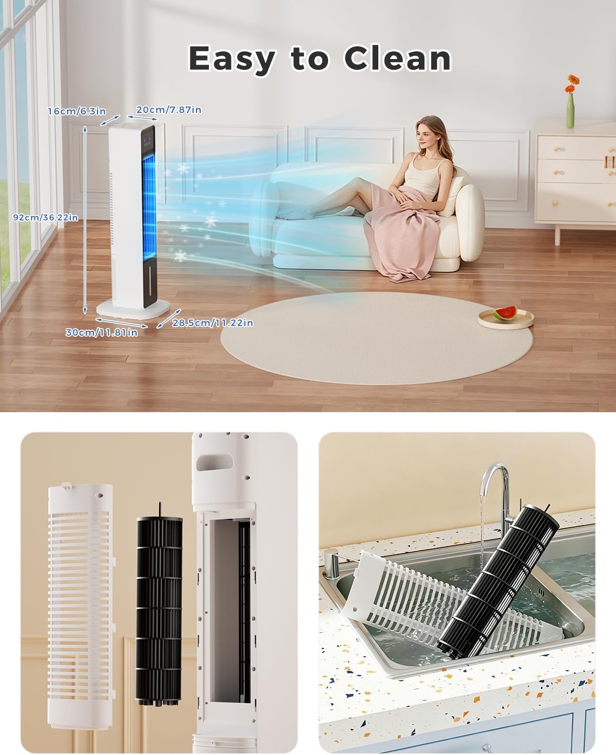 Rafraîchisseur d'air évaporatif 3-en-1, 4 modes, 3 vitesses, minuterie 24h, télécommande, oscillation 60°, 36 pouces (91 cm) 