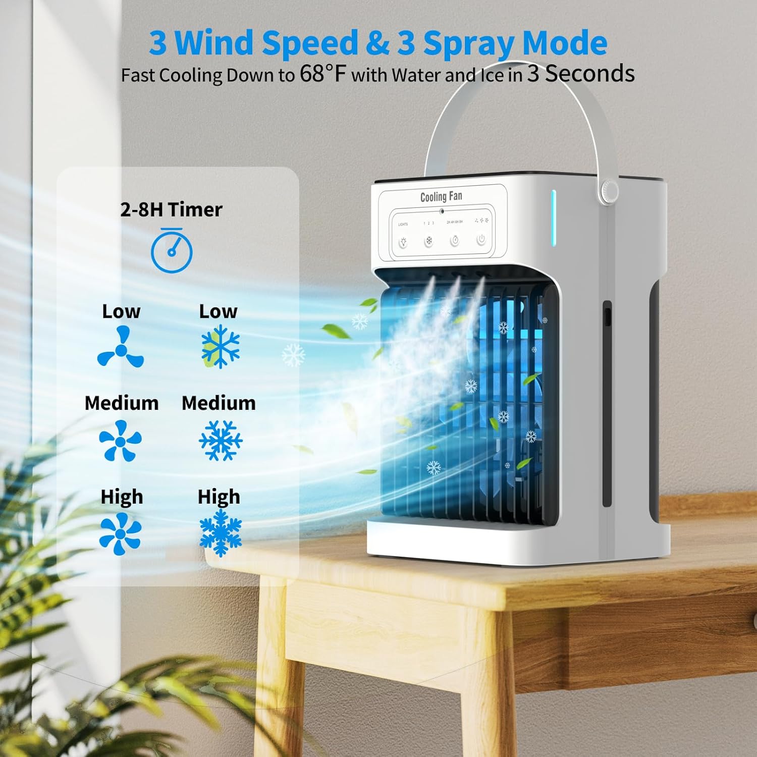 Climatiseur portable évaporatif – 3 vitesses, 3 modes de brume, veilleuse 7 couleurs et minuterie 2–8 h – image 2