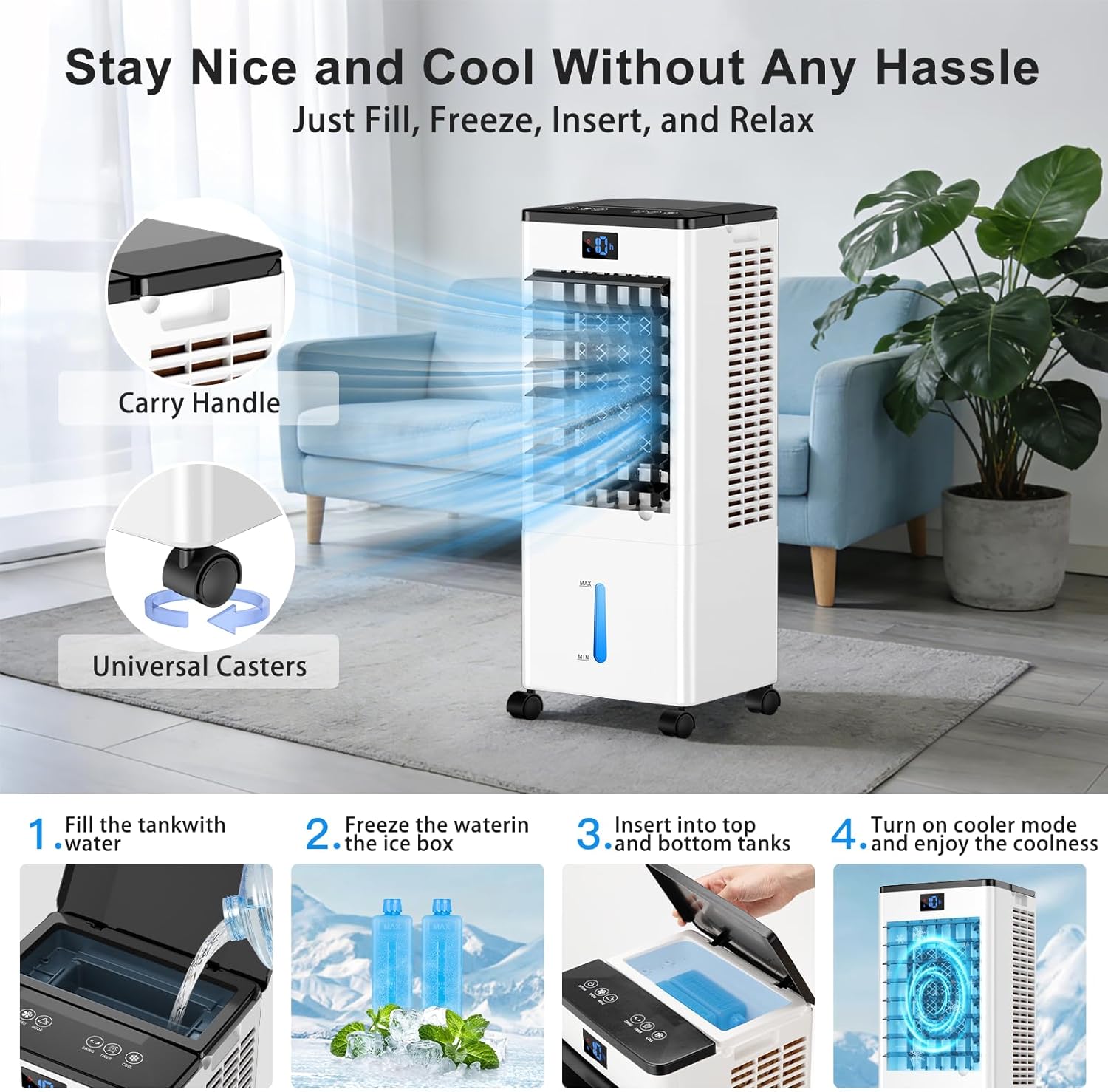 Climatiseur portable, refroidisseur d'air évaporatif 8L, minuterie 12h, 4 modes, 3 vitesses, oscillation 120° – image 6
