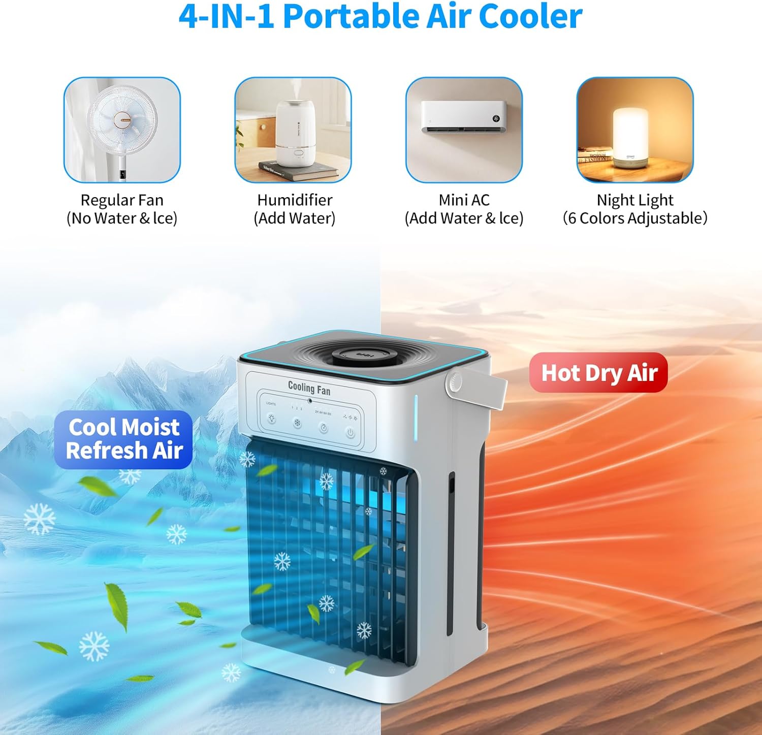 Climatiseur portable évaporatif – 3 vitesses, 3 modes de brume, veilleuse 7 couleurs et minuterie 2–8 h – image 3