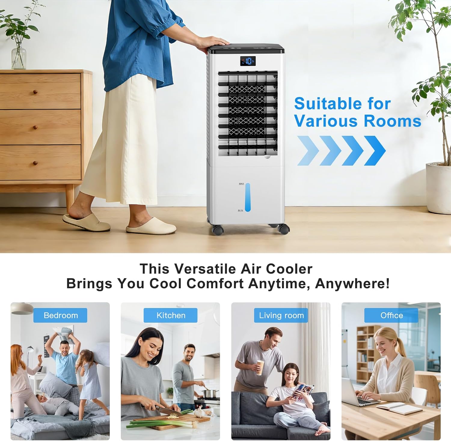 Climatiseur portable, refroidisseur d'air évaporatif 8L, minuterie 12h, 4 modes, 3 vitesses, oscillation 120° – image 2
