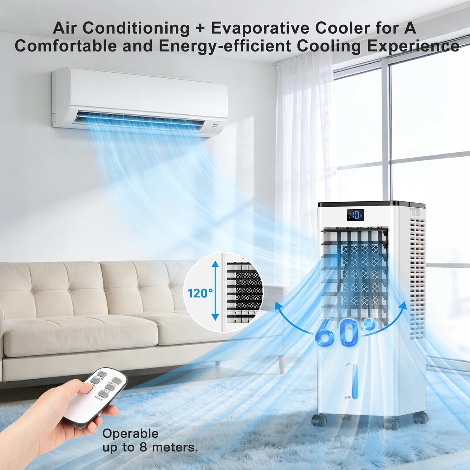 Climatiseur portable, refroidisseur d'air évaporatif 8L, minuterie 12h, 4 modes, 3 vitesses, oscillation 120° – image 3