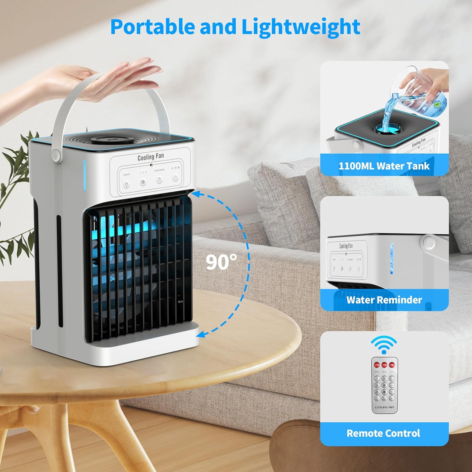 Climatiseur portable évaporatif – 3 vitesses, 3 modes de brume, veilleuse 7 couleurs et minuterie 2–8 h – image 4