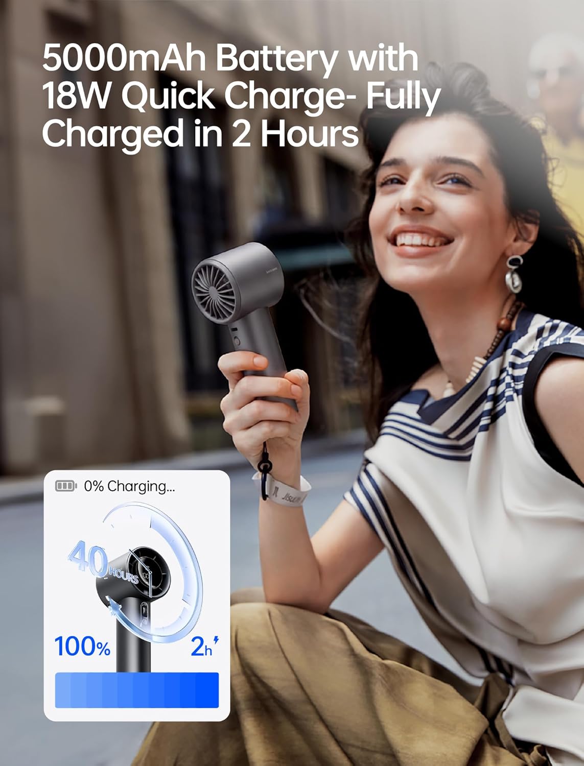 Ventilateur de poche JISULIFE Pro1S — corps en métal, autonomie 40h, batterie 5000 mAh, 100 vitesses réglables, gris – Image 4