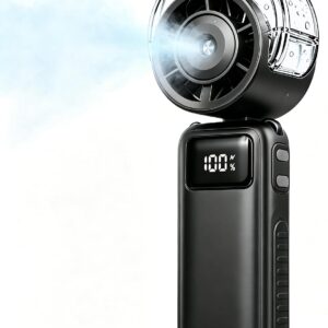 Ventilateur brumisateur de poche pliable, batterie 6000 mAh, 5 vitesses + Turbo, spray rafraîchissant, noir